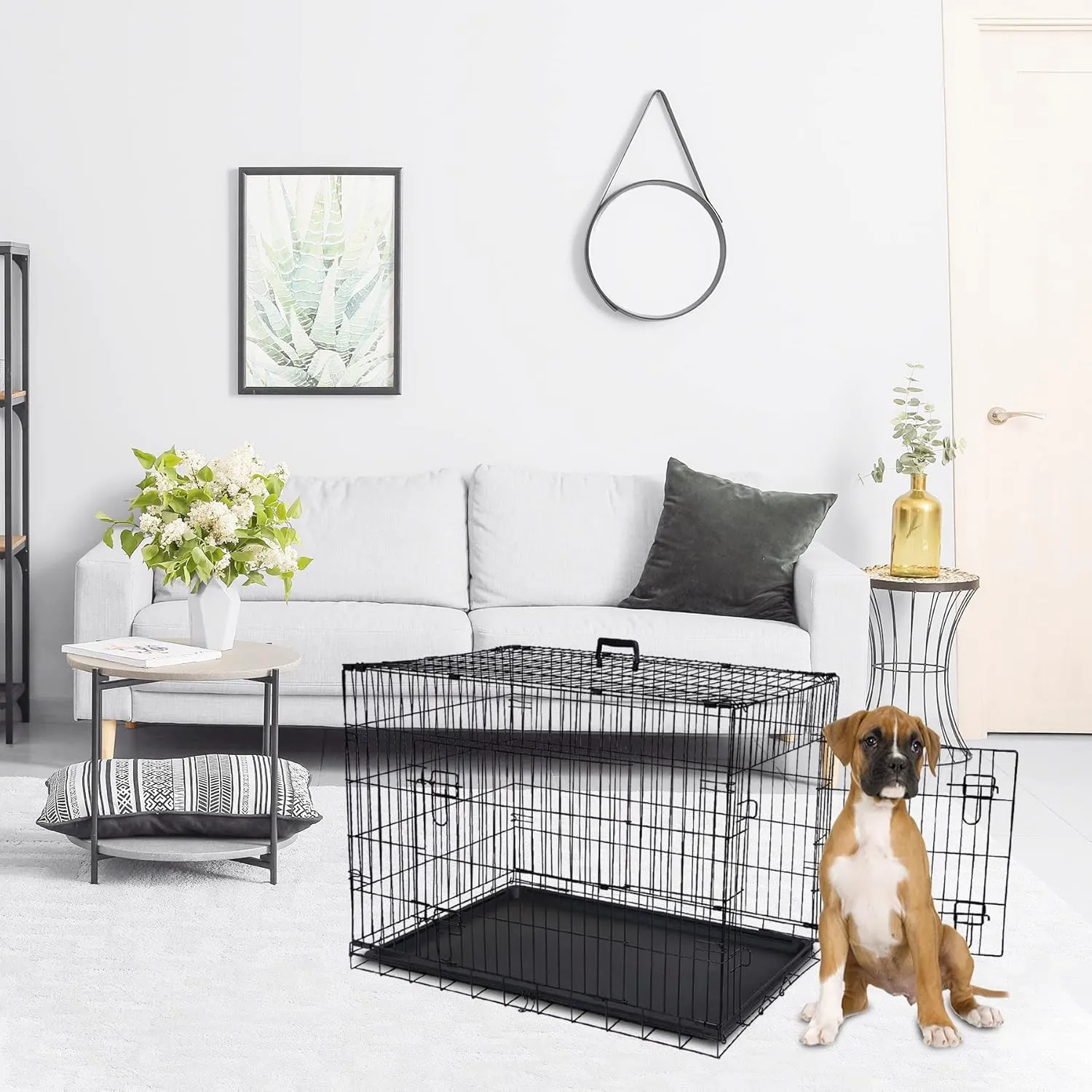 42-Inch Double Door Dog Crates Folding Metal Pet Kennel Wire Cage with Tray for Small Medium Large Sized Dogs, Indoor Outdoor Travel Use