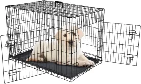 42-Inch Double Door Dog Crates Folding Metal Pet Kennel Wire Cage with Tray for Small Medium Large Sized Dogs, Indoor Outdoor Travel Use