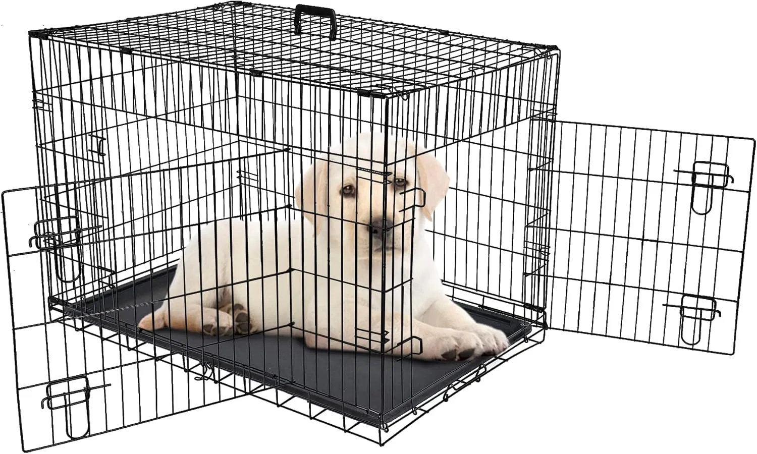 42-Inch Double Door Dog Crates Folding Metal Pet Kennel Wire Cage with Tray for Small Medium Large Sized Dogs, Indoor Outdoor Travel Use