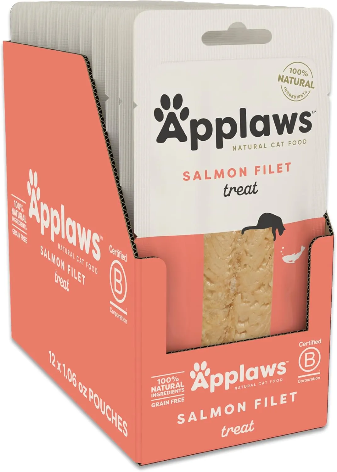 Applaws Natural Cat Treats, Grain-Free Single Ingredient Cat Treats, Whole Protein Fillet Cat Treats, Healthy Cat Snacks, No Artificials (12 x 1.06oz Whole Salmon Loin)