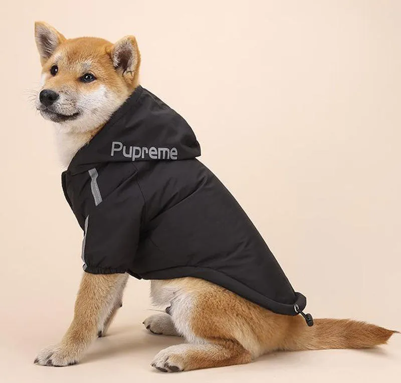 Autumn and winter dog clothing plus velvet padded jacket two-legged hooded raincoat reflective stripe cotton coat