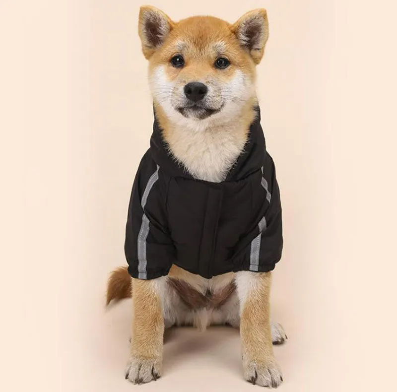 Autumn and winter dog clothing plus velvet padded jacket two-legged hooded raincoat reflective stripe cotton coat