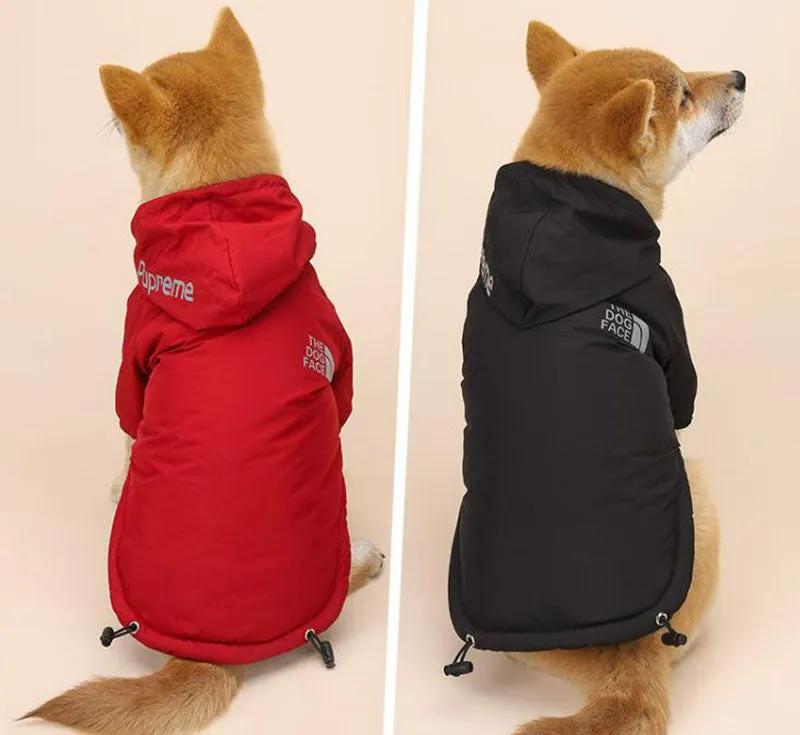 Autumn and winter dog clothing plus velvet padded jacket two-legged hooded raincoat reflective stripe cotton coat