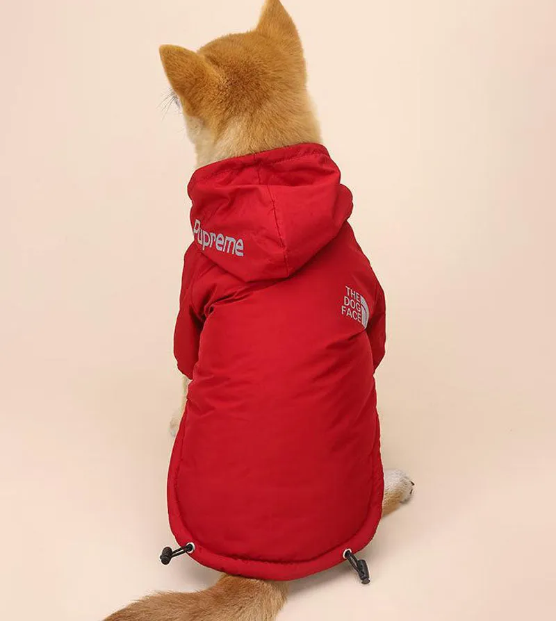 Autumn and winter dog clothing plus velvet padded jacket two-legged hooded raincoat reflective stripe cotton coat