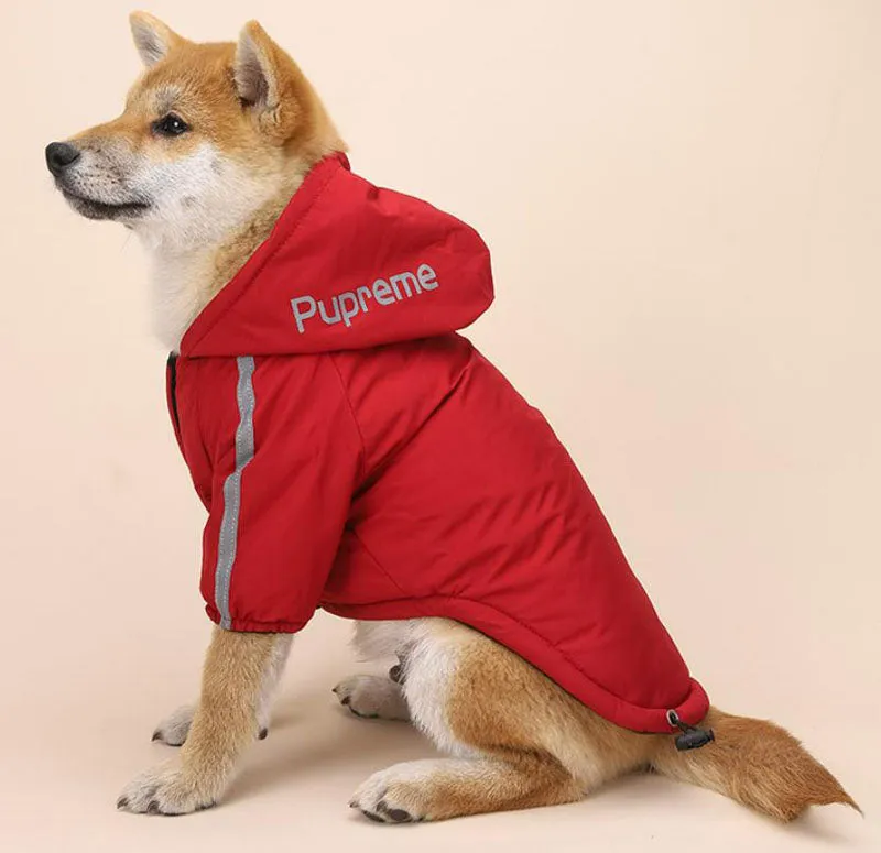Autumn and winter dog clothing plus velvet padded jacket two-legged hooded raincoat reflective stripe cotton coat