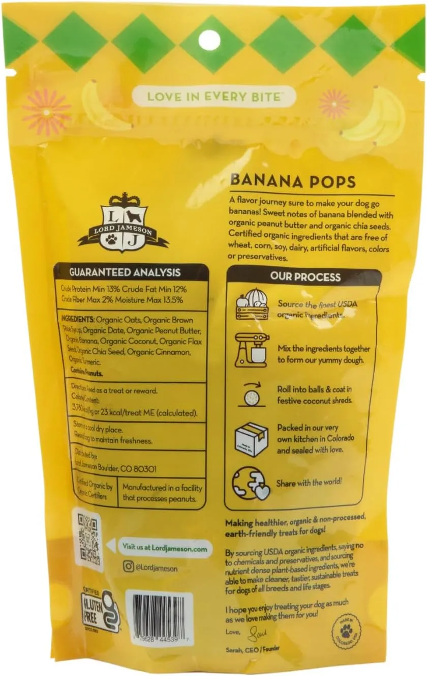 Banana Pops Soft & Chewy Certified Organic Dog Treats - Vitamin-Rich & Nutrient-Dense Chia Seeds - Plant-Based, Gluten-Free, Preservative-Free  All Life Stages - Made in USA 6 oz