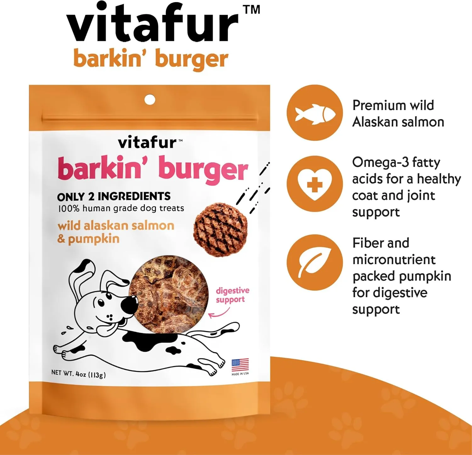 Barkin Burger - Wild Alaskan Salmon & Pumpkin Grain-Free Dog Treats, 4 oz - Premium Two-Ingredient, All-Natural, Low-Fat, Lean Protein Treats for Dogs and Breeds