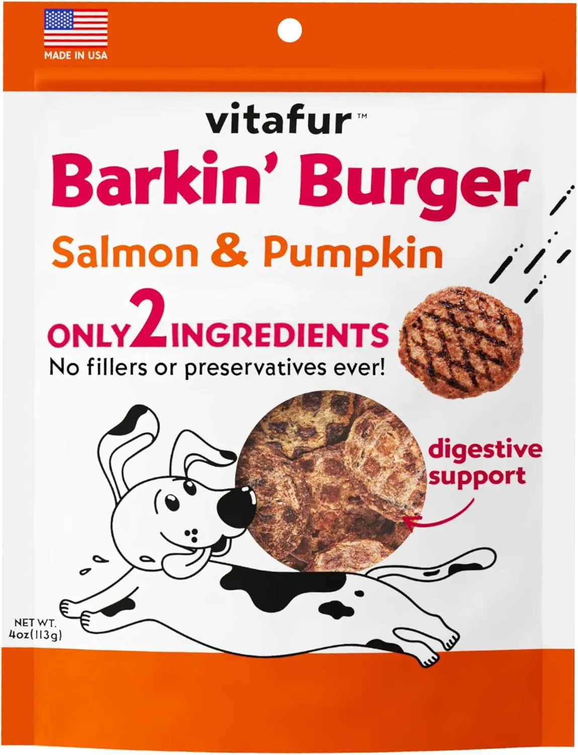 Barkin Burger - Wild Alaskan Salmon & Pumpkin Grain-Free Dog Treats, 4 oz - Premium Two-Ingredient, All-Natural, Low-Fat, Lean Protein Treats for Dogs and Breeds