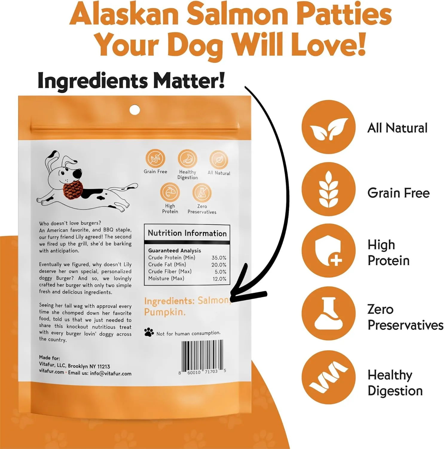 Barkin Burger - Wild Alaskan Salmon & Pumpkin Grain-Free Dog Treats, 4 oz - Premium Two-Ingredient, All-Natural, Low-Fat, Lean Protein Treats for Dogs and Breeds