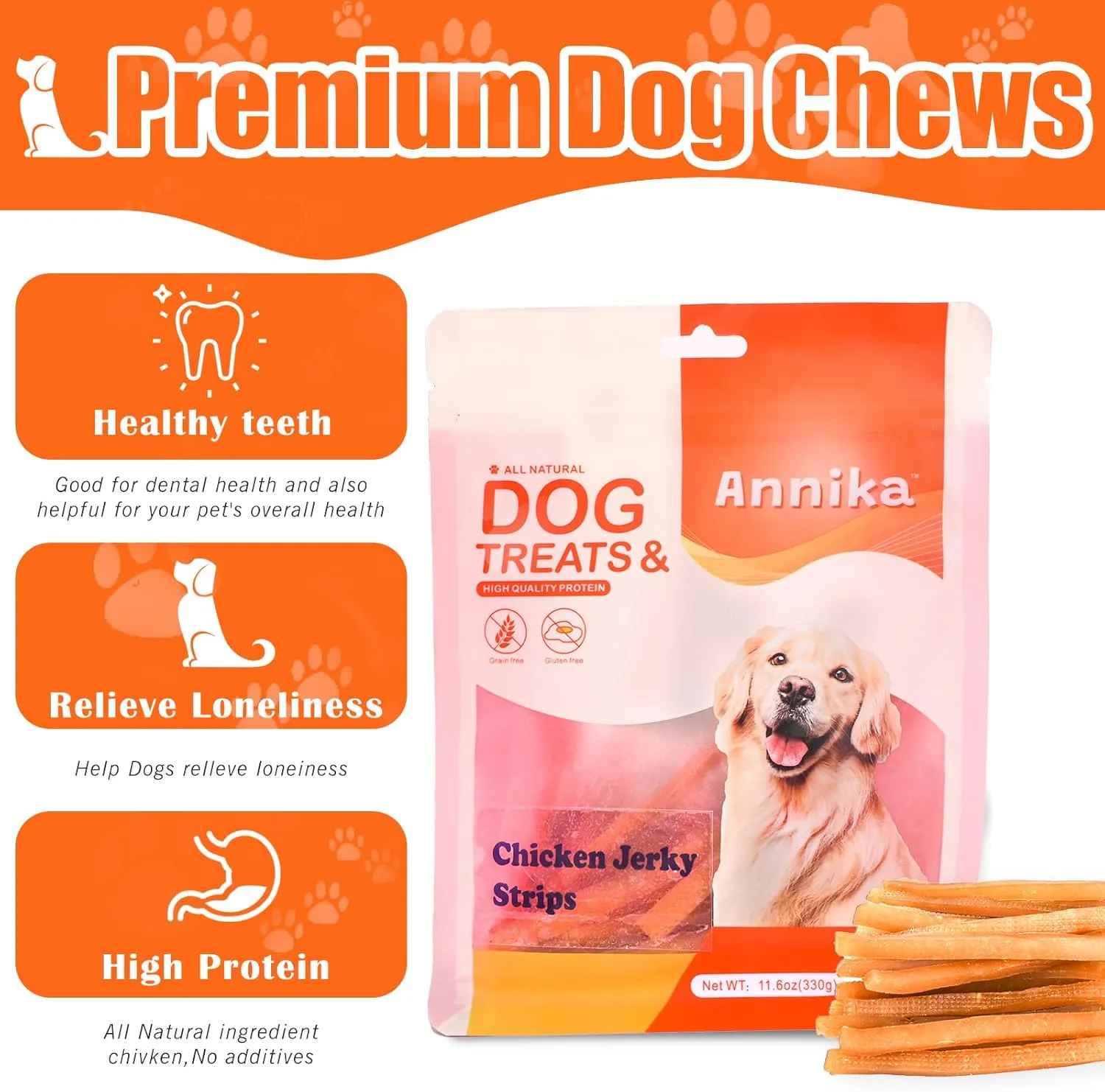 Chicken Jerky Strips Dog Treats,Training Treats for Dogs w/Taurine, Low Fat, Natural Jerky Cuts Healthy Dog Snacks Premium Chicken Flavor Chew Training for All Dogs, 11.6 oz