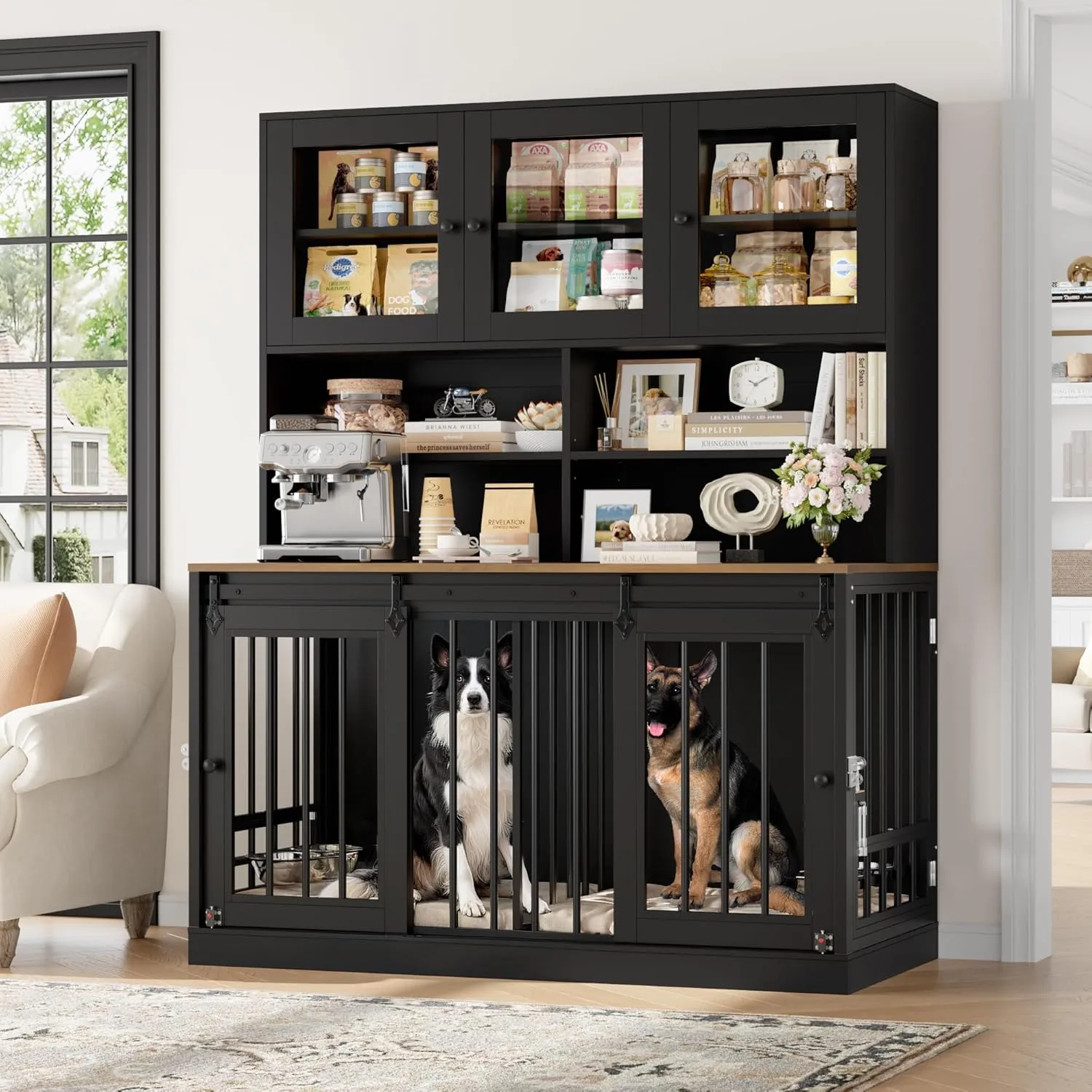 Dog Crate Furniture for Large Dogs for 2 Pets with Divider, Front&Sides 4 Doors Dog Kennel with Feeding Bowls, Indoor Cage/Side Table/Bookshelf with Storage Shelves Heavy Duty Dog House (Black/Rustic)