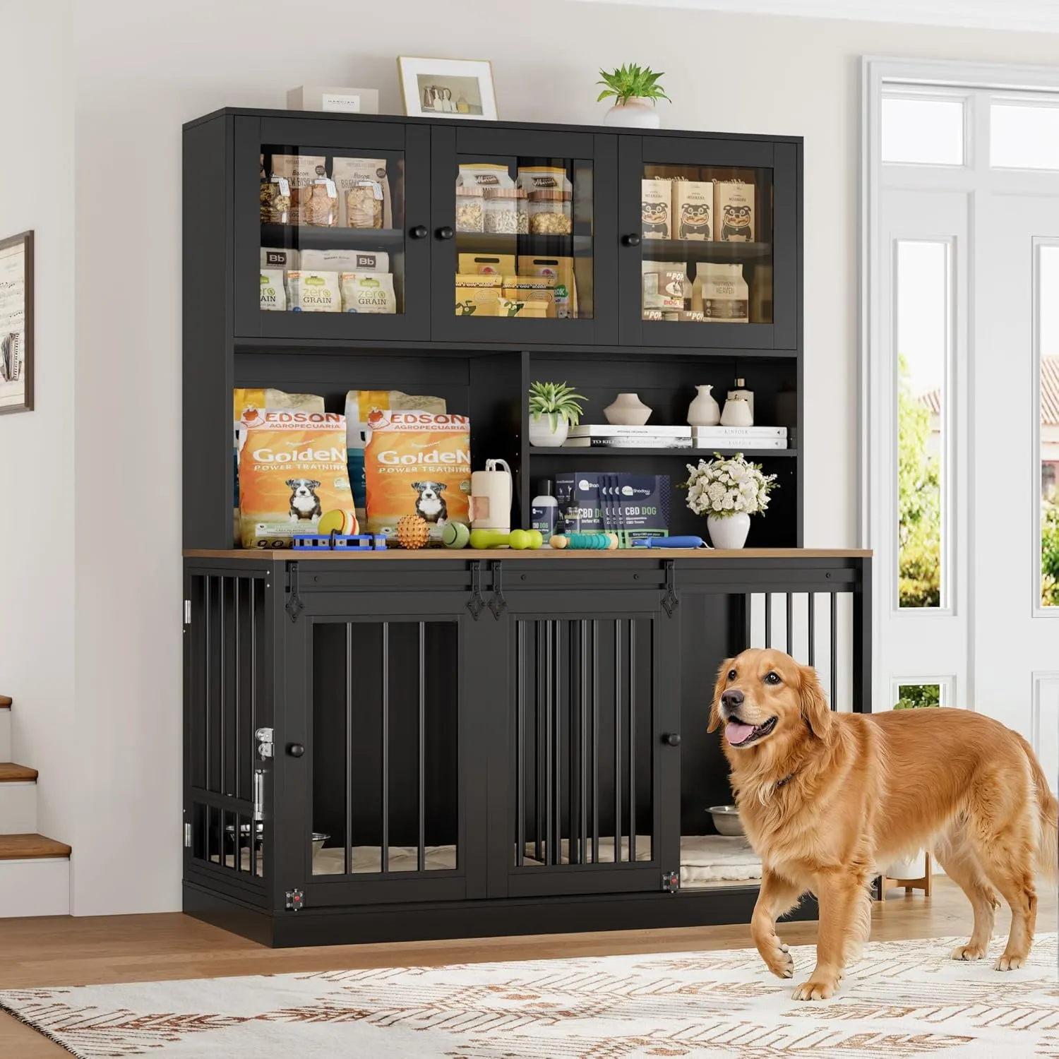 Dog Crate Furniture for Large Dogs for 2 Pets with Divider, Front&Sides 4 Doors Dog Kennel with Feeding Bowls, Indoor Cage/Side Table/Bookshelf with Storage Shelves Heavy Duty Dog House (Black/Rustic)