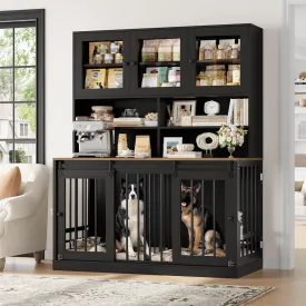Dog Crate Furniture for Large Dogs for 2 Pets with Divider, Front&Sides 4 Doors Dog Kennel with Feeding Bowls, Indoor Cage/Side Table/Bookshelf with Storage Shelves Heavy Duty Dog House (Black/Rustic)