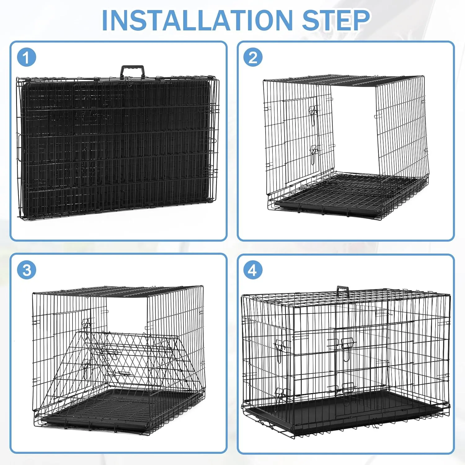 Dog Crates for Large Dogs Outdoor Indoor, Dog Cage Kennel Foldable Metal Wire Dog Crate with Leak-Proof Tray and Handle Double Door, Animal Pet Cage, 42 Inch