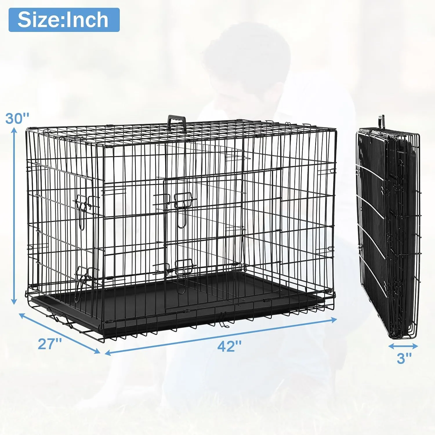 Dog Crates for Large Dogs Outdoor Indoor, Dog Cage Kennel Foldable Metal Wire Dog Crate with Leak-Proof Tray and Handle Double Door, Animal Pet Cage, 42 Inch