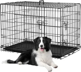 Dog Crates for Large Dogs Outdoor Indoor, Dog Cage Kennel Foldable Metal Wire Dog Crate with Leak-Proof Tray and Handle Double Door, Animal Pet Cage, 42 Inch