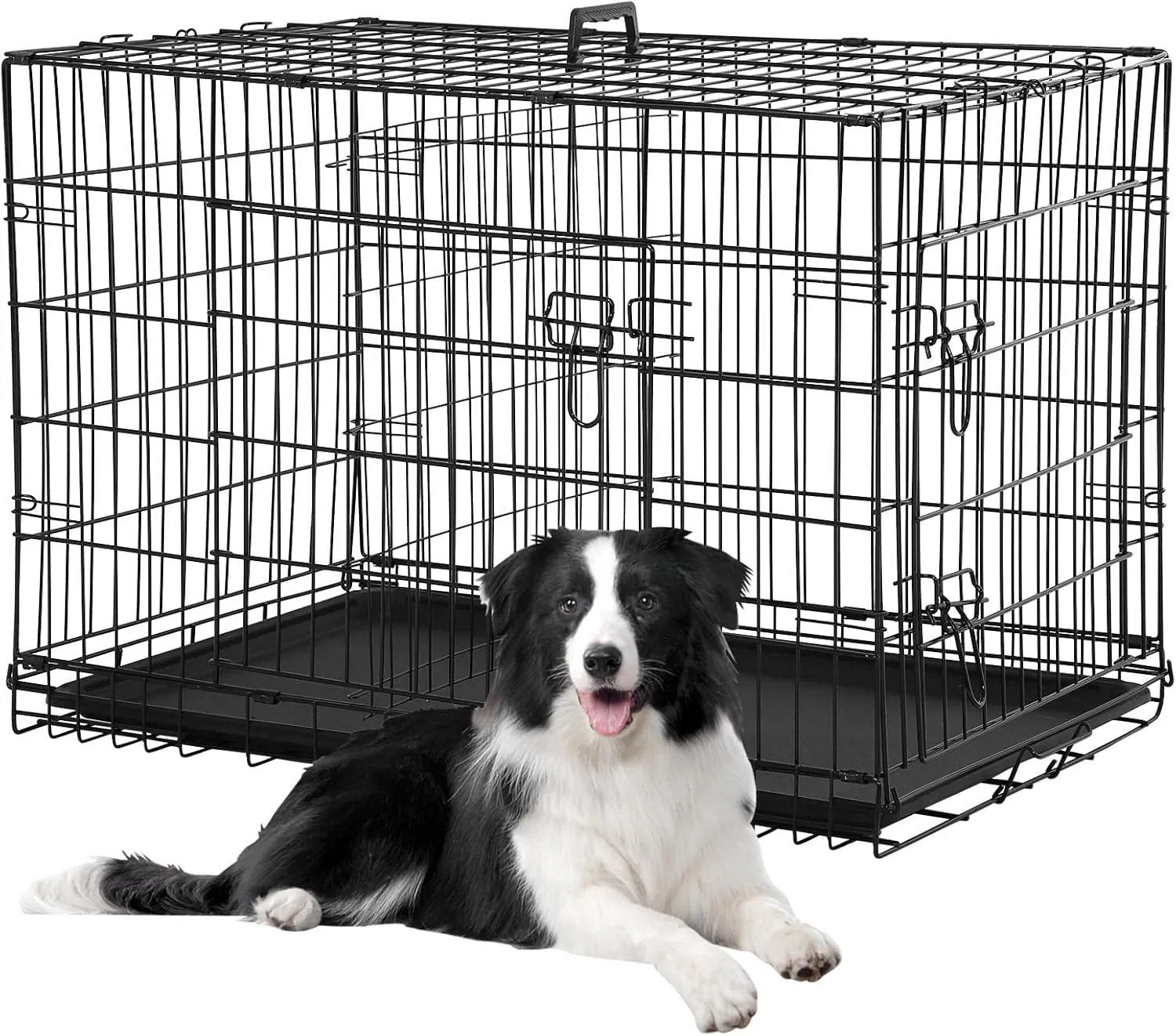 Dog Crates for Large Dogs Outdoor Indoor, Dog Cage Kennel Foldable Metal Wire Dog Crate with Leak-Proof Tray and Handle Double Door, Animal Pet Cage, 42 Inch