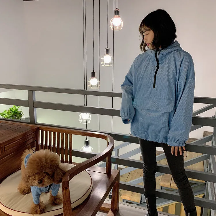 Drawstring Pocket Front Corduroy Pet Owner Matching Hoodie
