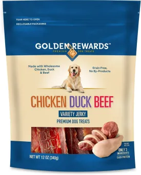 Golden|Rewards Chicken, Duck, and Beef Variety Jerky Treats for Dogs, 12 oz Bag, Made with Real Chicken, Duck, and Beef, Grain-Free, Premium High-Protein Dog Snacks, Perfect for Dogs