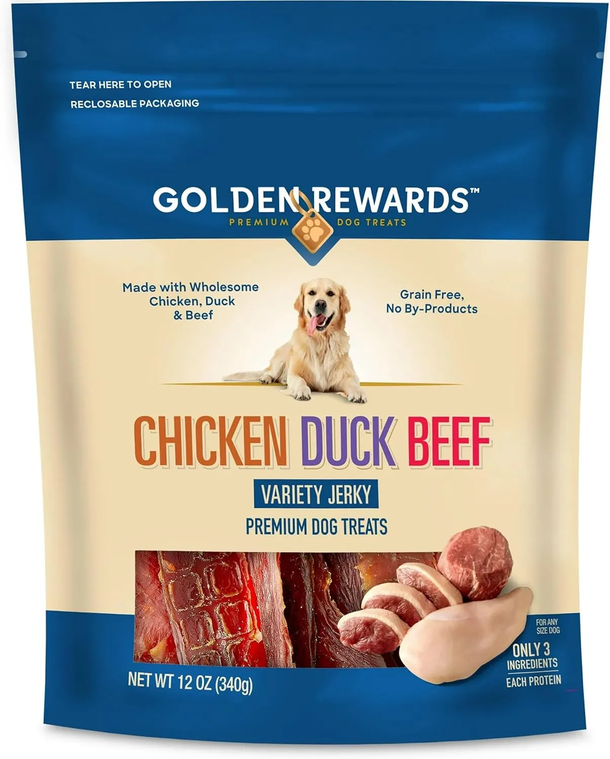 Golden|Rewards Chicken, Duck, and Beef Variety Jerky Treats for Dogs, 12 oz Bag, Made with Real Chicken, Duck, and Beef, Grain-Free, Premium High-Protein Dog Snacks, Perfect for Dogs