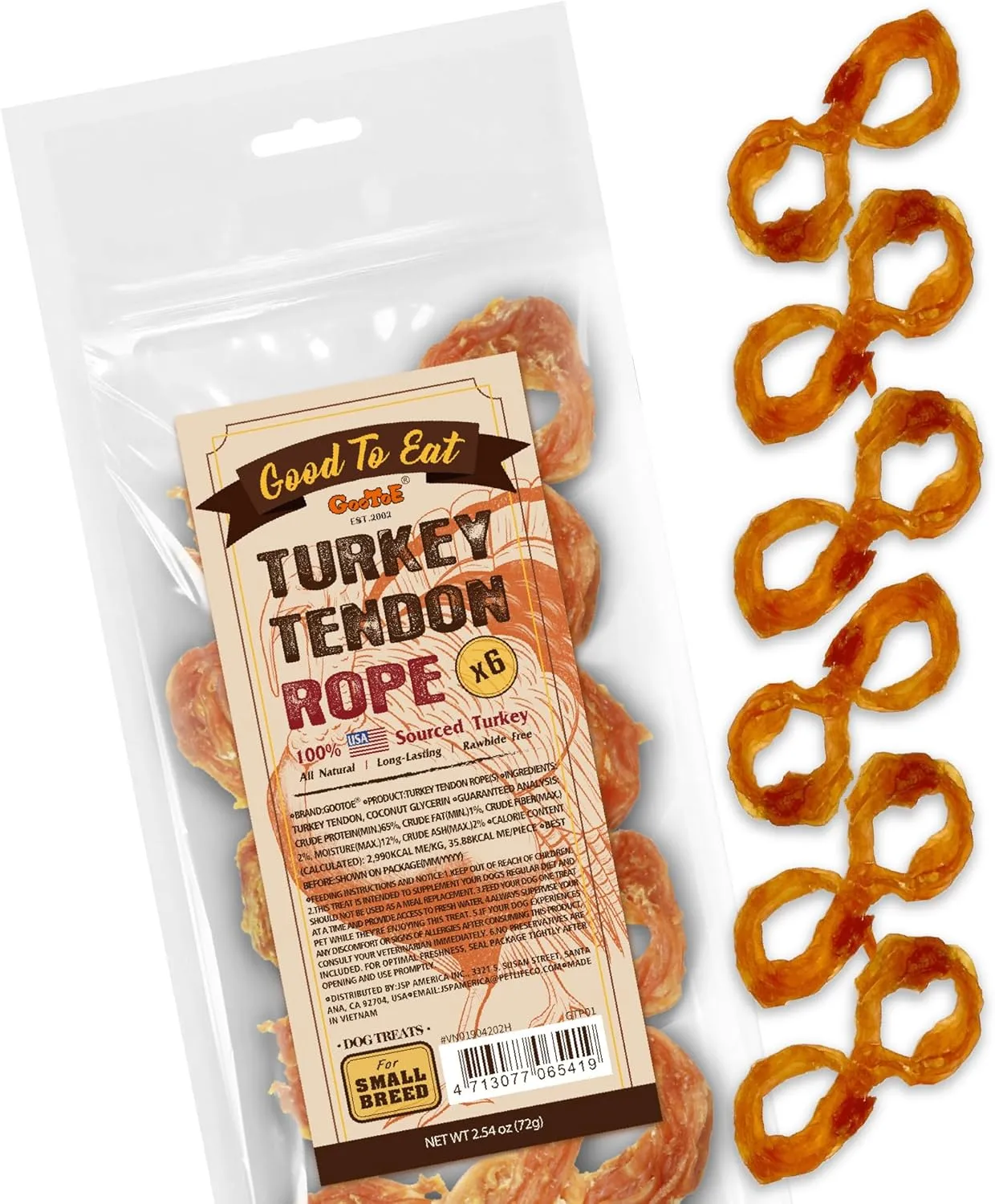 Gootoe Turkey Tendon Dog Treats, Turkey Tendon Rope (S) 6 Units/Pack, 100% USA-Sourced, Natural Snack, Premium Training Chews, Hypoallergenic, Reseal Value Bags, Size for Large Dogs
