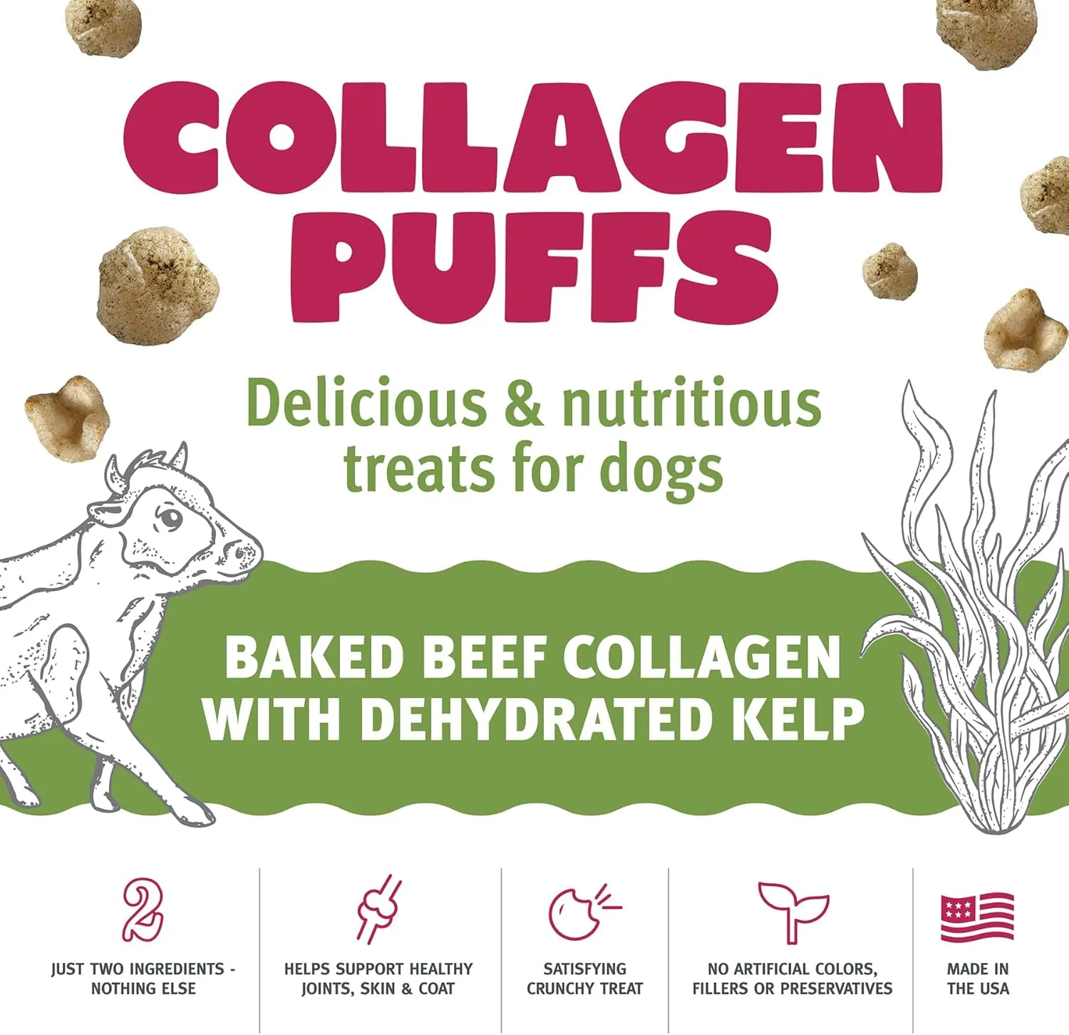 Icelandic  Collagen Puffs: Baked Beef Collagen W/Dehydrated Kelp 2.5oz - Treats for Med-Lg Dogs, Crunchy Protein Bites (Pack of 2)
