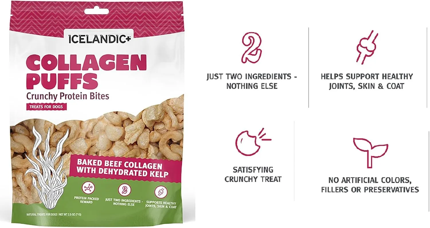 Icelandic  Collagen Puffs: Baked Beef Collagen W/Dehydrated Kelp 2.5oz - Treats for Med-Lg Dogs, Crunchy Protein Bites (Pack of 2)