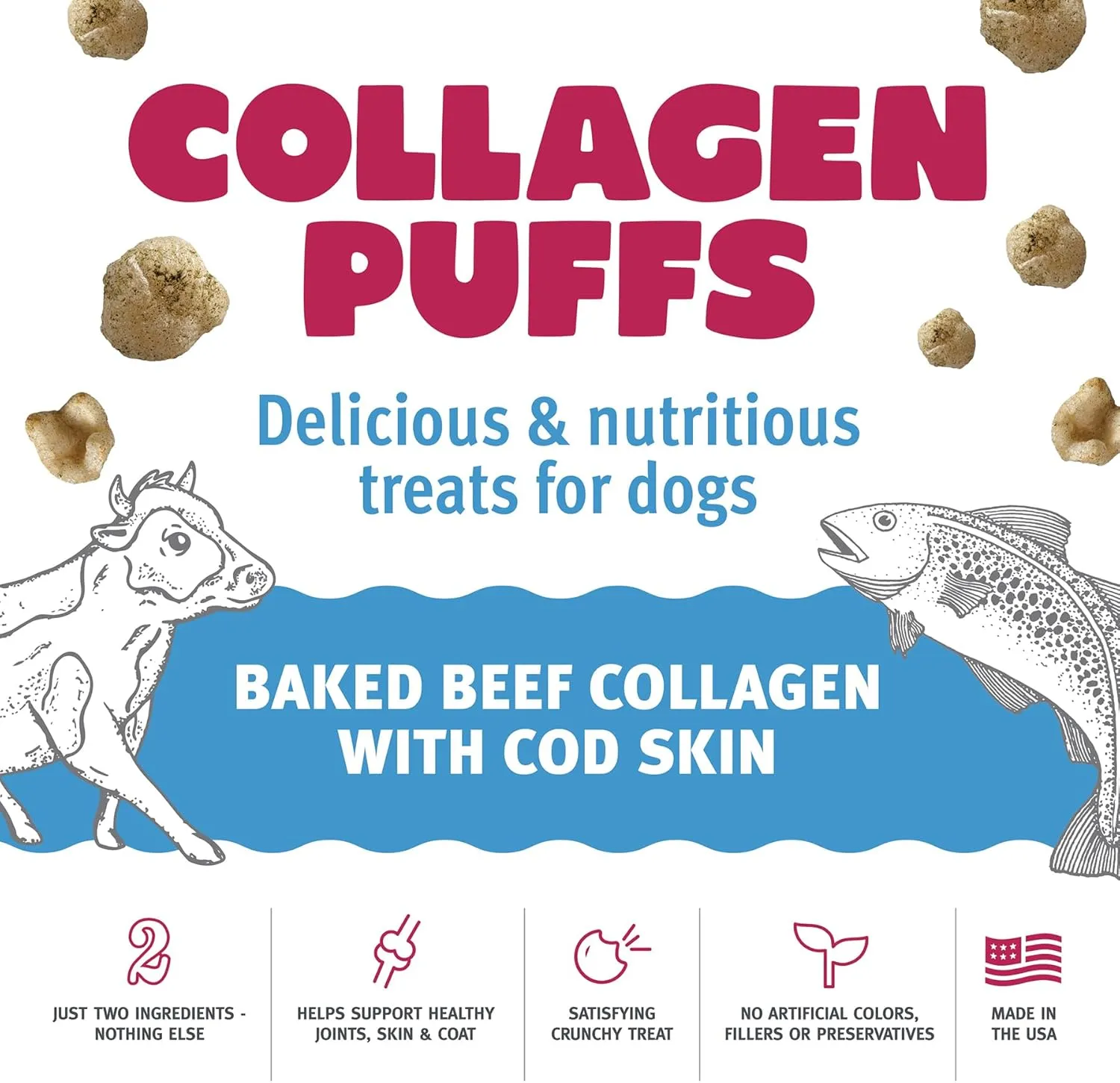 Icelandic  Collagen Puffs: Baked Beef Collagen with Cod Skin 1.3oz - Small Dog Treats, Crunchy Protein Bites