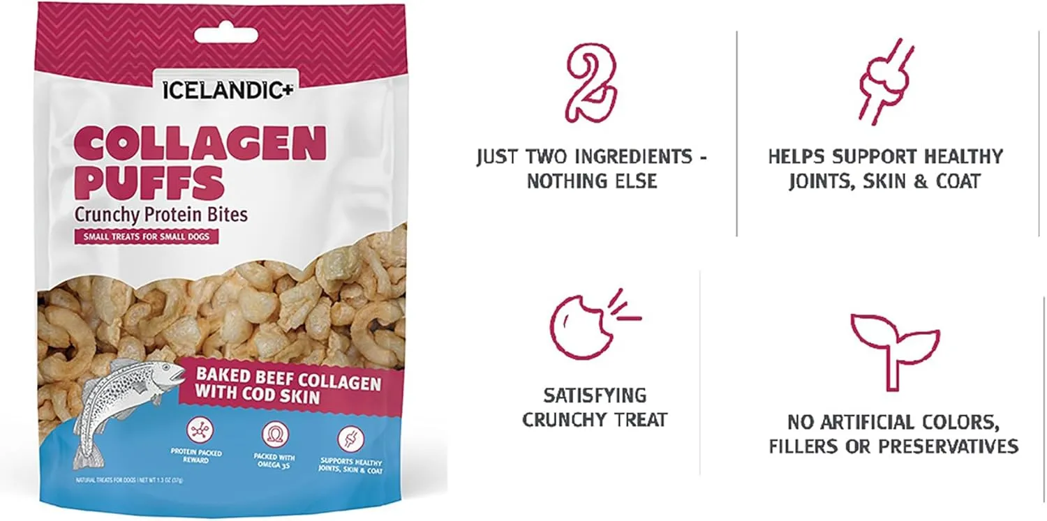 Icelandic  Collagen Puffs: Baked Beef Collagen with Cod Skin 1.3oz - Small Dog Treats, Crunchy Protein Bites