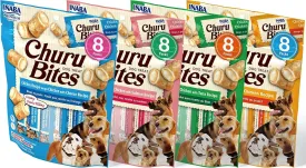 INABA Churu Bites for Dogs, Grain-Free, Soft/Chewy Baked Chicken Wrapped Churu Filled Dog Treats, 0.42 Ounces Each Tube | 32 Tubes Total (8 Tubes per Pack), 4 Flavor Variety Pack