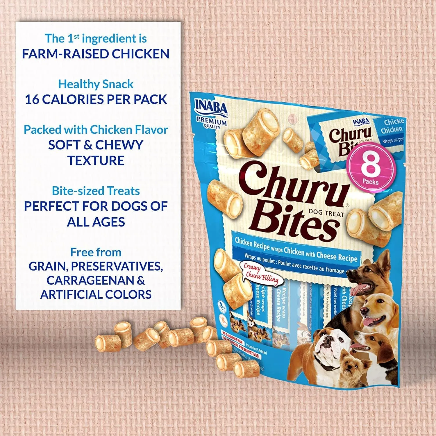 INABA Churu Bites for Dogs, Grain-Free, Soft/Chewy Baked Chicken Wrapped Churu Filled Dog Treats, 0.42 Ounces Each Tube | 32 Tubes Total (8 Tubes per Pack), 4 Flavor Variety Pack