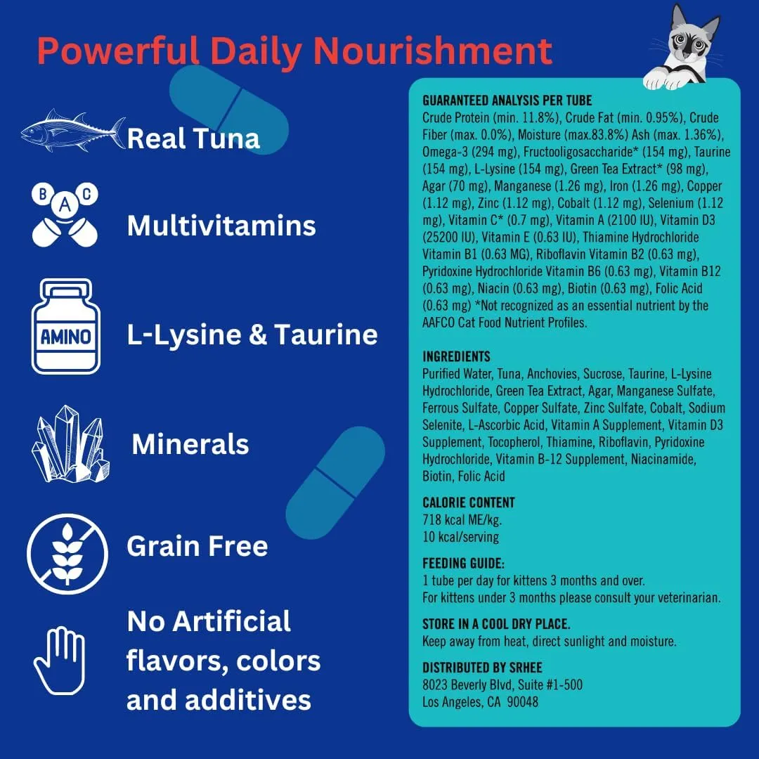 Lickable Cat Treats for Indoor Cats - Multivitamin Puree Treat with Real Tuna, Lysine, Taurine, & Grain Free | 12 Cat Tube Treats