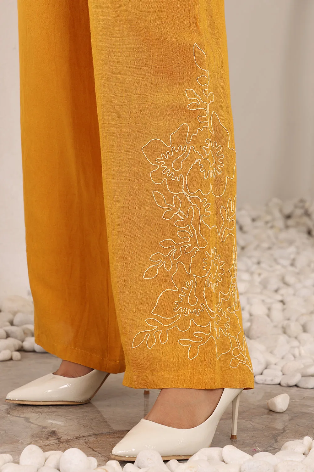 Linen Mustard Embroidered Coord Set