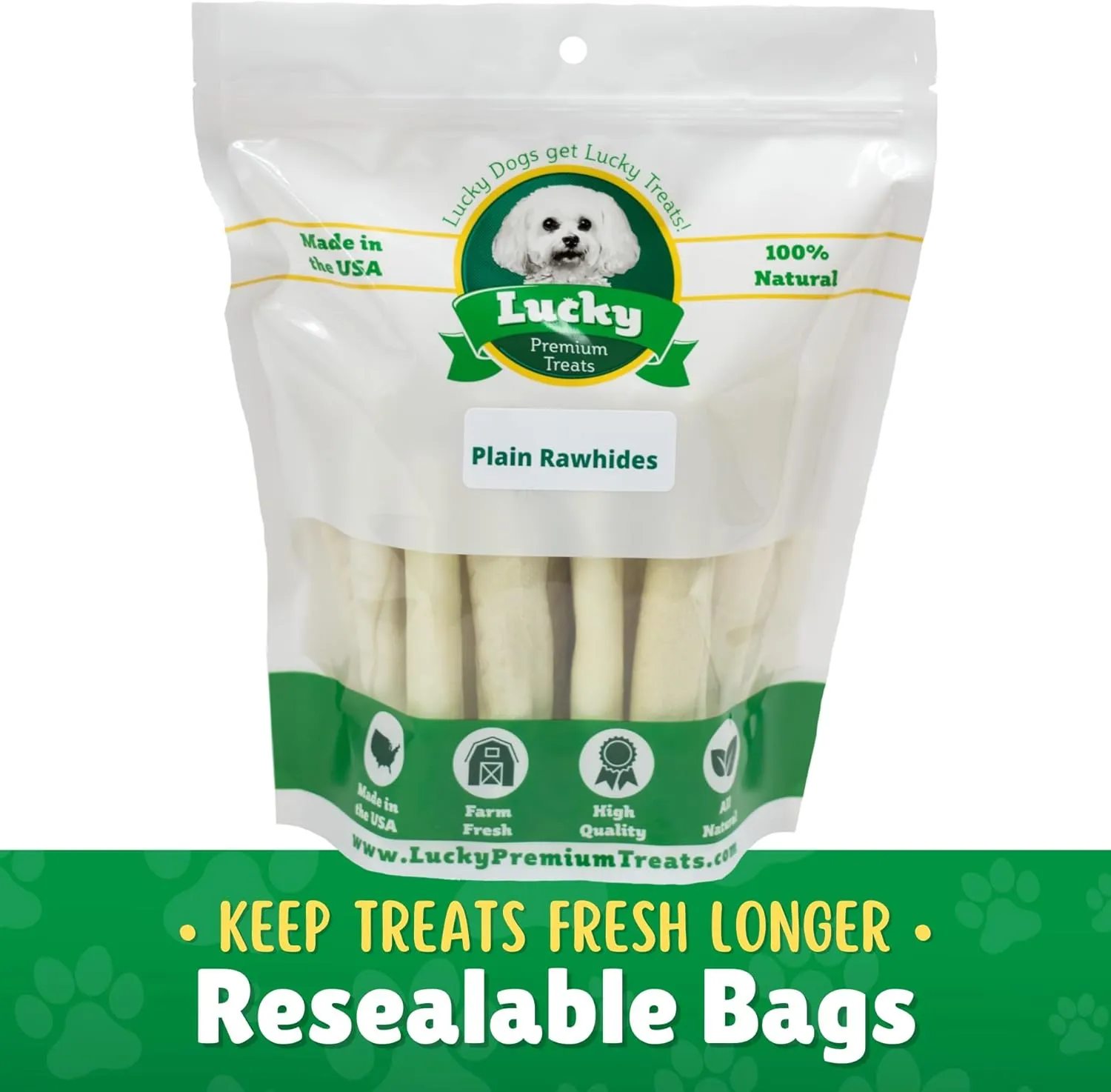 Lucky Premium Treats Plain Rawhide Sticks  All-Natural Rawhide Dog Treats for Medium Dogs, Gluten Free Premium Medium Dog Treats (28 Chews)