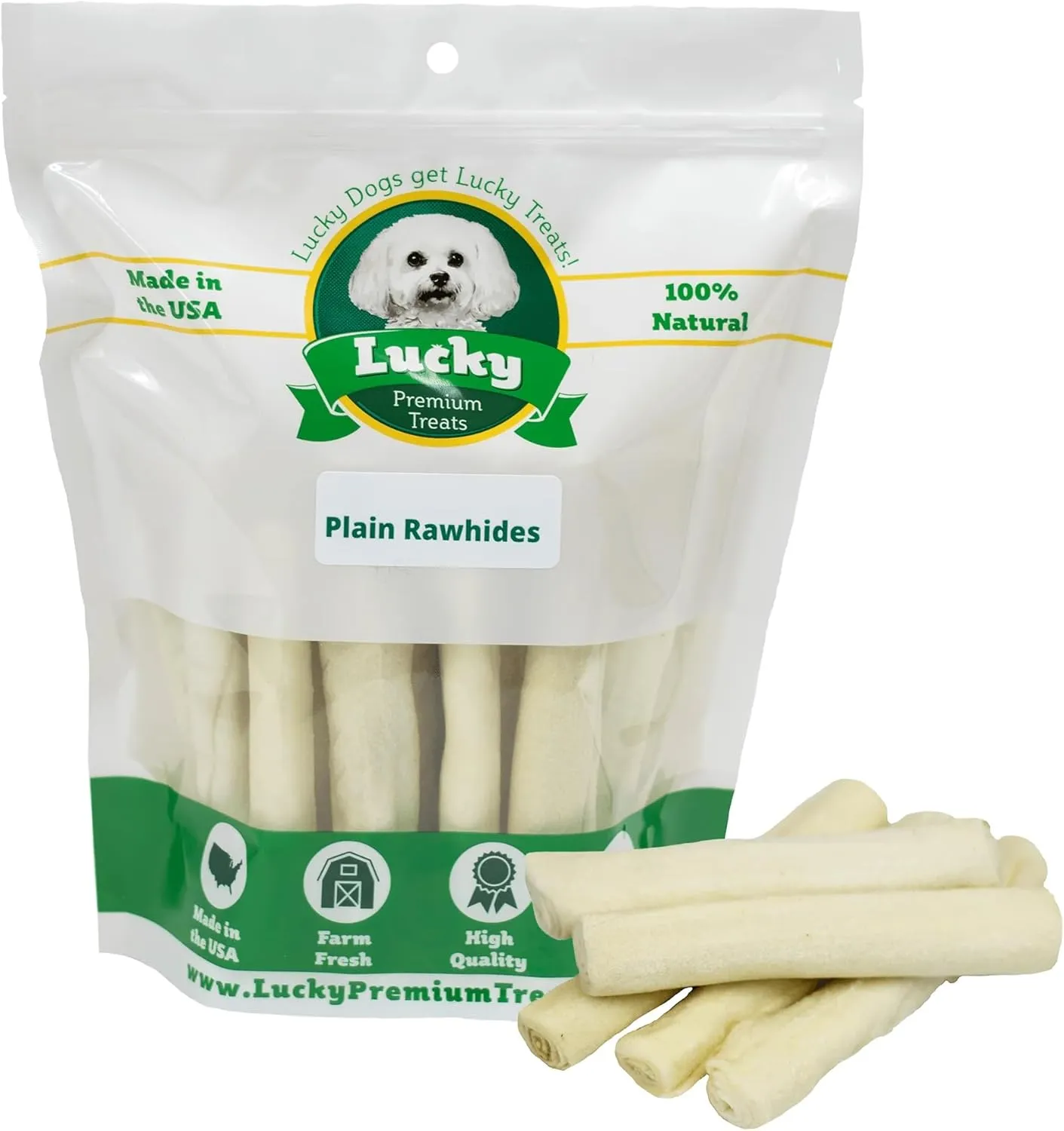 Lucky Premium Treats Plain Rawhide Sticks  All-Natural Rawhide Dog Treats for Medium Dogs, Gluten Free Premium Medium Dog Treats (28 Chews)