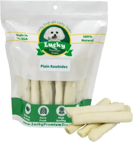 Lucky Premium Treats Plain Rawhide Sticks  All-Natural Rawhide Dog Treats for Medium Dogs, Gluten Free Premium Medium Dog Treats (28 Chews)