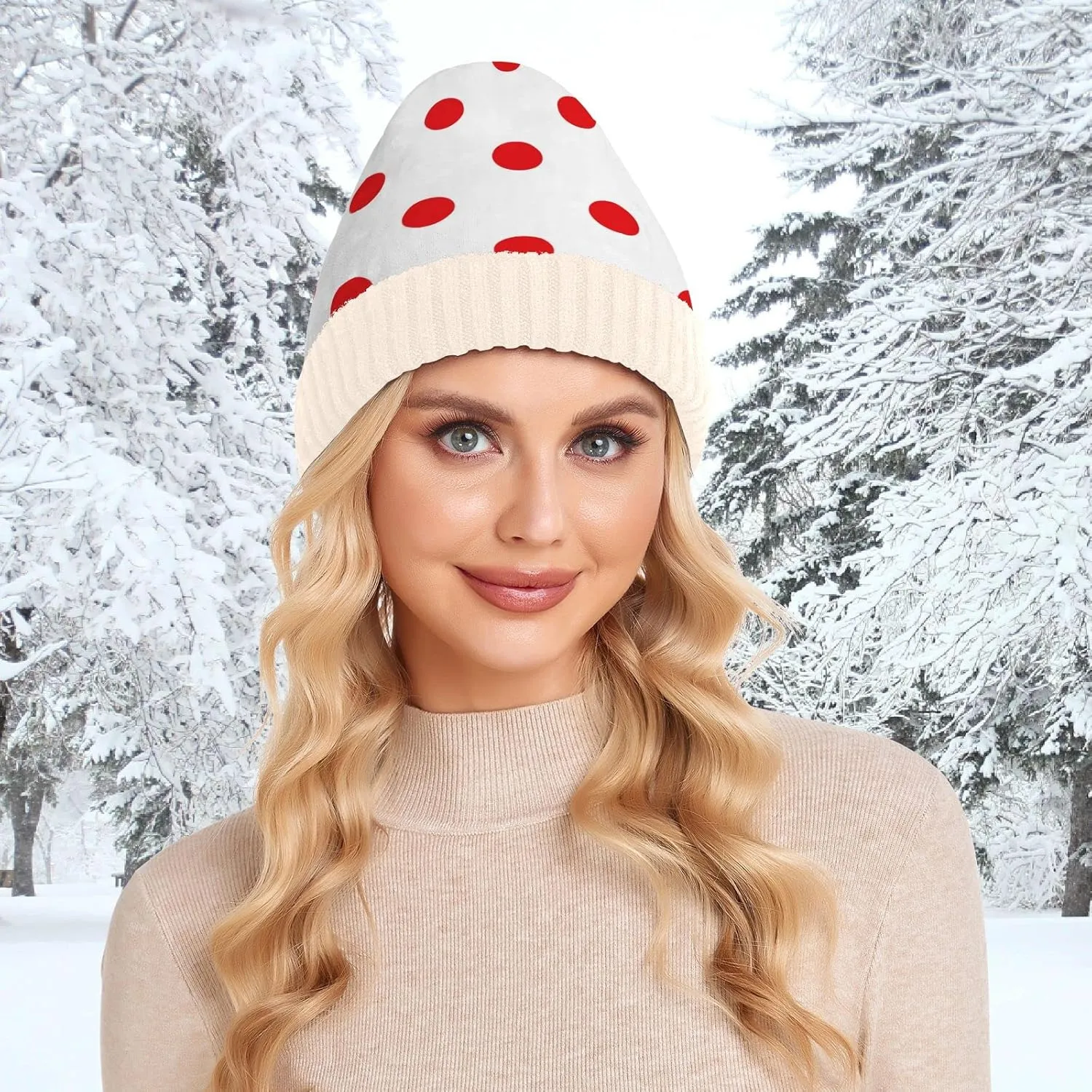 Naanle Beanie Hat Red and White Polka Dots Womens Beanie Hat Stretch Slouchy Warm Knit Winter Hats Skully White Beanie Women Ski Beanies Cap