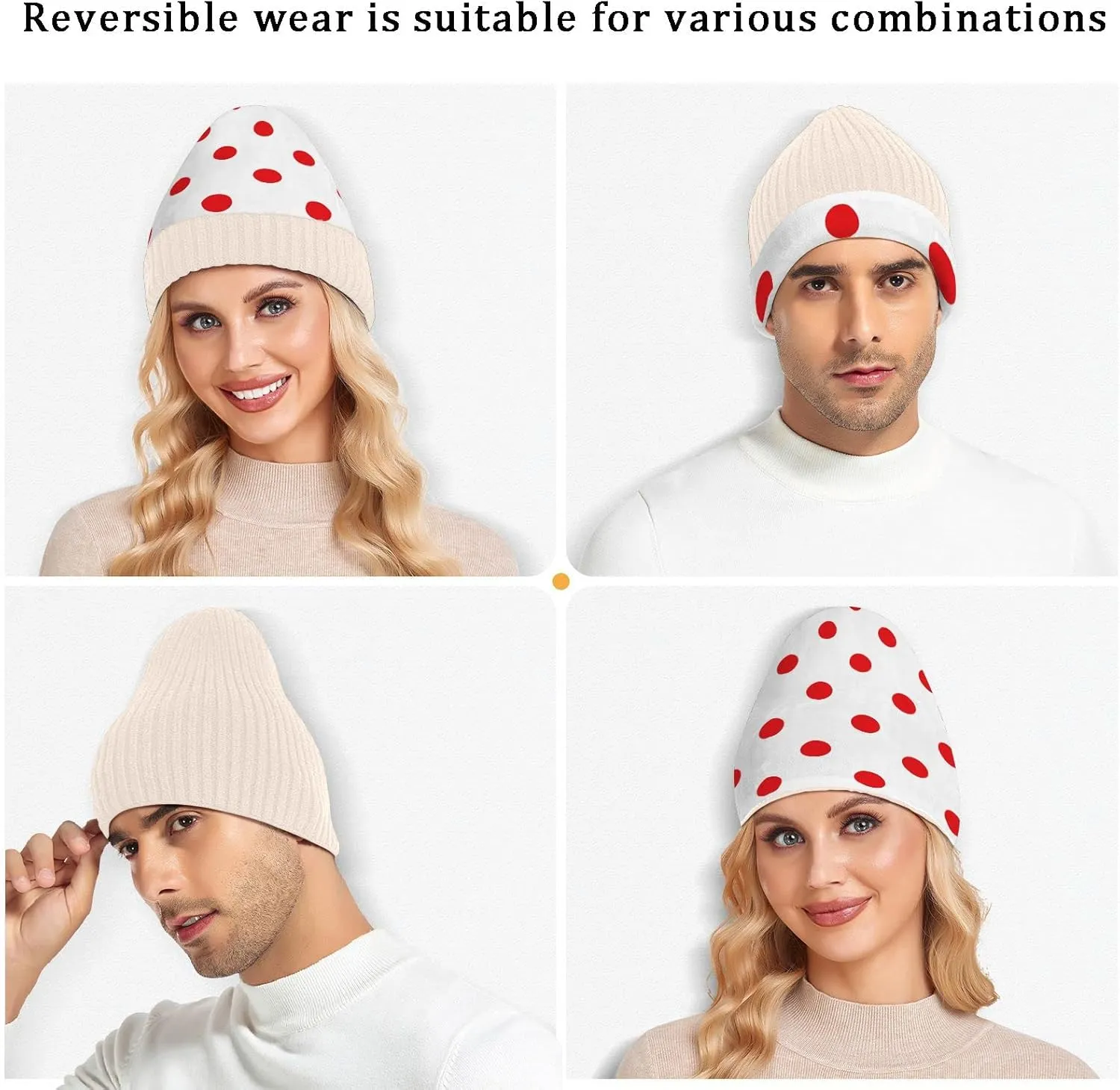 Naanle Beanie Hat Red and White Polka Dots Womens Beanie Hat Stretch Slouchy Warm Knit Winter Hats Skully White Beanie Women Ski Beanies Cap