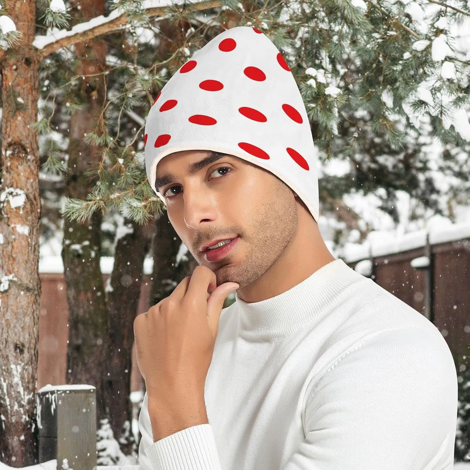 Naanle Beanie Hat Red and White Polka Dots Womens Beanie Hat Stretch Slouchy Warm Knit Winter Hats Skully White Beanie Women Ski Beanies Cap
