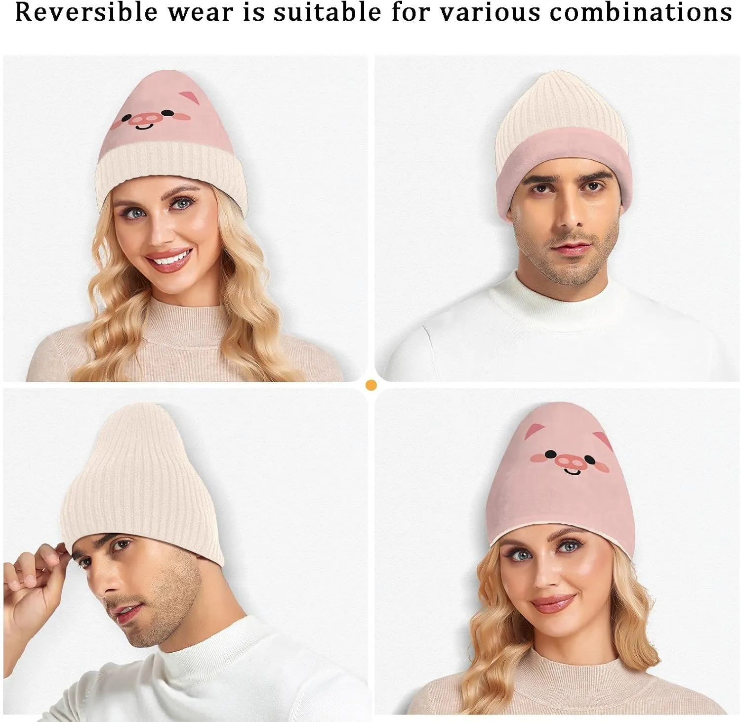 Naanle Pink Pig Women's Beanie Hat Stretch Slouchy Warm Knit Winter Hats Skully White Beanie Women Ski Beanies Cap