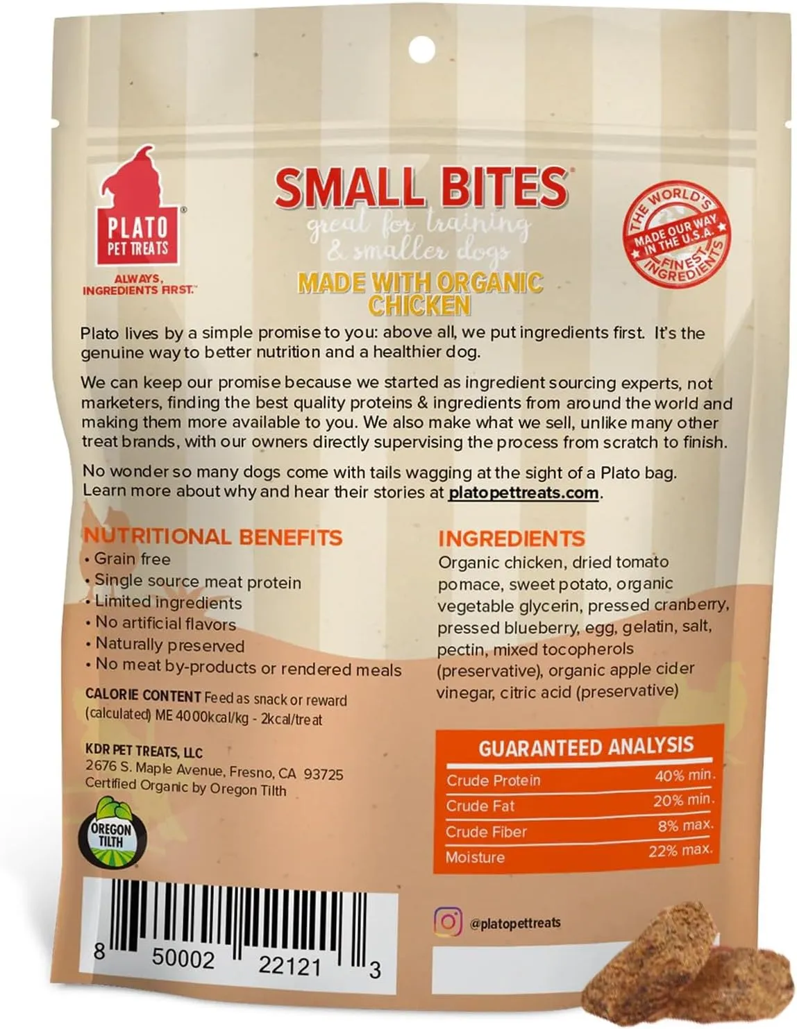 PLATO Small Bites Dog Treats, Natural Bite Sized Real Meat & Chicken Flavor, Grain Free & High in Protein, Air Dried Authentic Ingredients, 2 Calories Per Treat, Made in the USA, 2.5 Ounces
