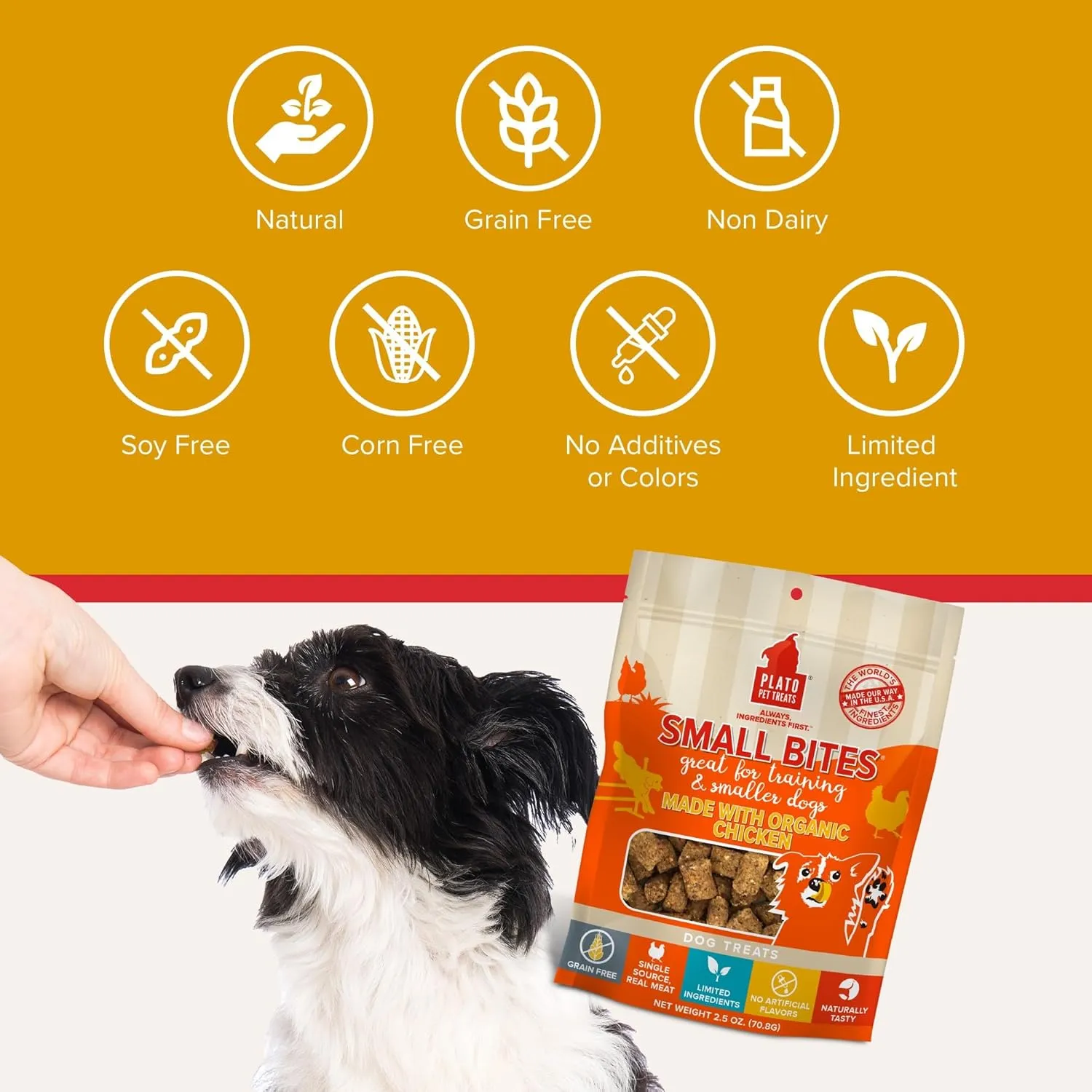 PLATO Small Bites Dog Treats, Natural Bite Sized Real Meat & Chicken Flavor, Grain Free & High in Protein, Air Dried Authentic Ingredients, 2 Calories Per Treat, Made in the USA, 2.5 Ounces