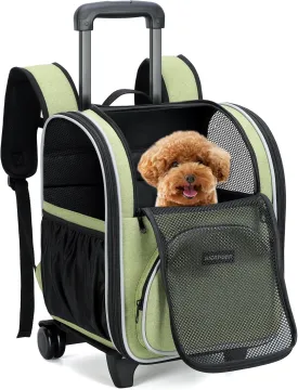 Rolling Pet Carrier Backpack with Wheels - Soft Sided Wheeled Dog Cat Carriers Bag for Under 6KG Mesh Windows Pockets Airline Approved Travel Carrier for Small Pets Cats Dogs Puppies