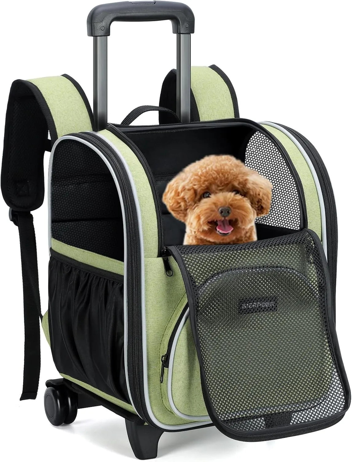 Rolling Pet Carrier Backpack with Wheels - Soft Sided Wheeled Dog Cat Carriers Bag for Under 6KG Mesh Windows Pockets Airline Approved Travel Carrier for Small Pets Cats Dogs Puppies