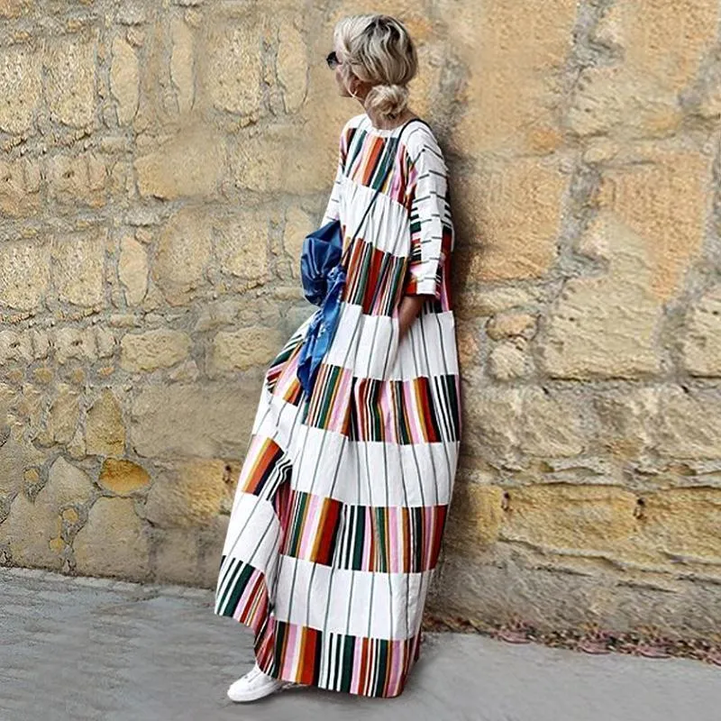 Round Neck Half Sleeve Color Block Casual Dress