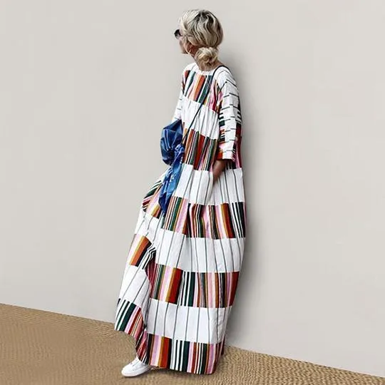 Round Neck Half Sleeve Color Block Casual Dress