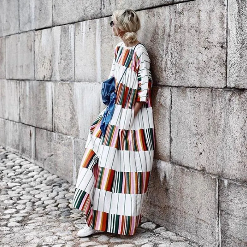 Round Neck Half Sleeve Color Block Casual Dress