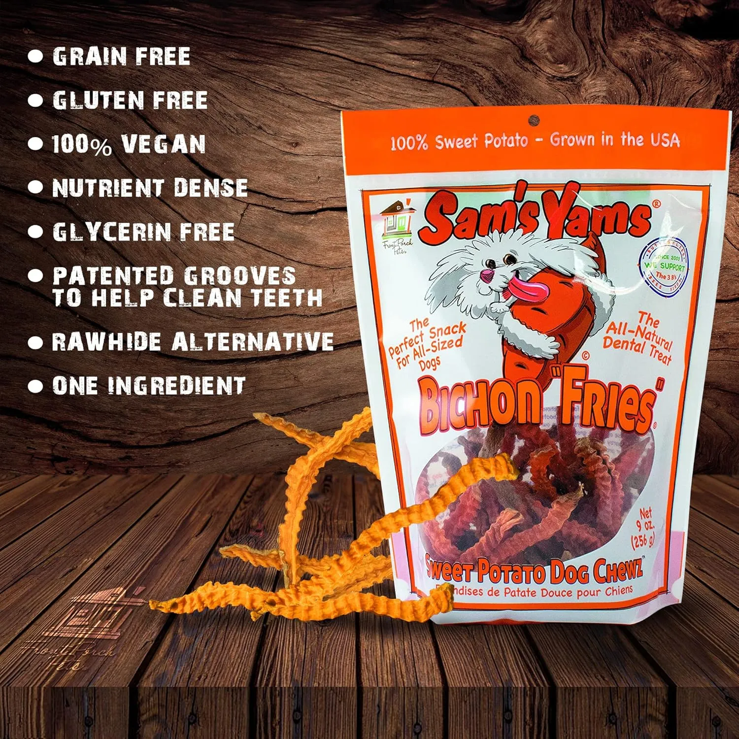 Sams Yams Sweet Potato Dog Treats, Healthy Dog Treats for Small & Medium Dogs, Sweet Potato Dog Treats Made in USA, High Fiber, Vegan Dental Chew - Bichon Fries, Sweet Potato Dog Chewz, 9oz (3 Packs)