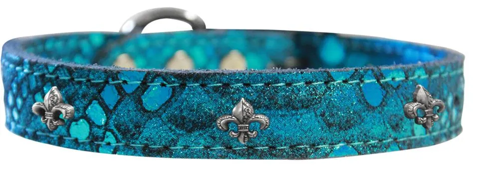 Silver Fleur De Lis Widget Dragon Skin Genuine Leather Dog Collar Blue Size 26
